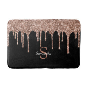 Chic Rose Gold Glitter Drips Sparkle Monogram Name Bath Mat
