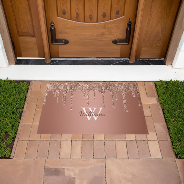 Chic Rose Gold Glitter Drips Sparkle Monogram Name Doormat (Outdoor)