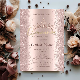 Chic Rose Gold Glitter Dust Crown Quinceañera   Invitation
