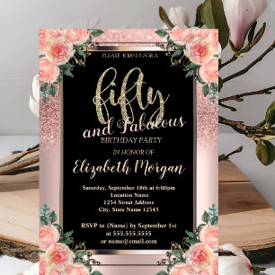 Chic Rose Gold Glitter Flowers 50th Birthday Party Invitation