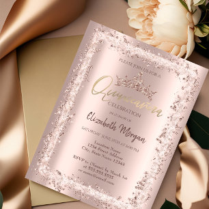 Chic Rose Gold Glitter Frame Crown Quinceañera   Invitation