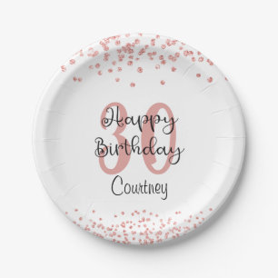 Chic Rose Gold Glitter HAPPY 30th BIRTHDAY Name Paper Plate