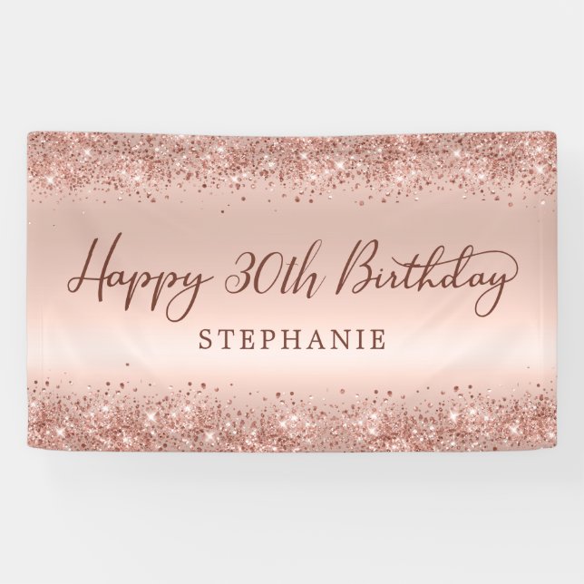 Chic Rose Gold Glitter Happy 30th Birthday Script  Banner (Horizontal)