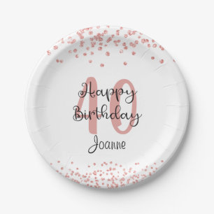 Chic Rose Gold Glitter HAPPY 40th BIRTHDAY Name Paper Plate
