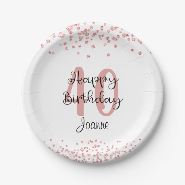 Chic Rose Gold Glitter HAPPY 40th BIRTHDAY Name Paper Plate (Front)