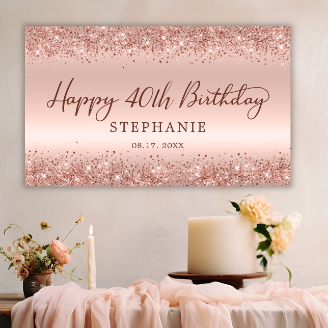 Chic Rose Gold Glitter Happy 40th Birthday Script  Banner (Creator Uploaded)