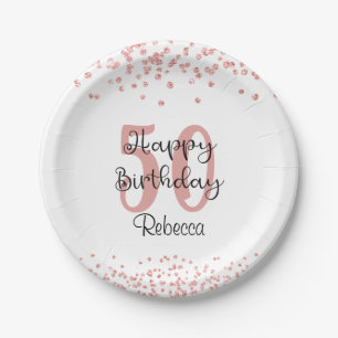 Chic Rose Gold Glitter HAPPY 50th BIRTHDAY Name Paper Plate