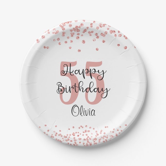 Chic Rose Gold Glitter HAPPY 55th BIRTHDAY Name Paper Plate (Front)