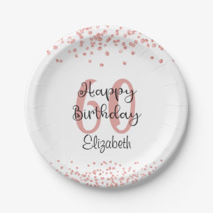 Chic Rose Gold Glitter HAPPY 60th BIRTHDAY Name Paper Plate