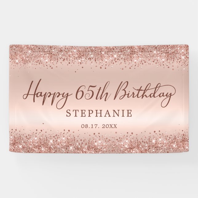 Chic Rose Gold Glitter Happy 65th Birthday Script  Banner (Horizontal)