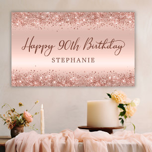 Chic Rose Gold Glitter Happy 90th Birthday Script  Banner