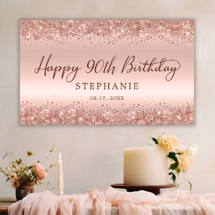 Chic Rose Gold Glitter Happy 90th Birthday Script  Banner
