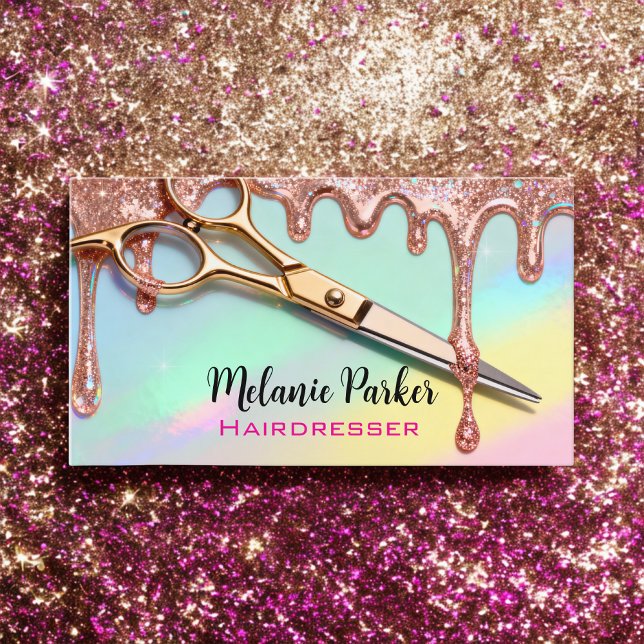Chic Rose Gold Glitter Holographic Hairdresser  Business Card (Creator Uploaded)