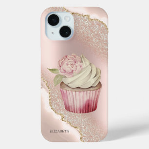 Chic Rose Gold Glitter Marble Cupcake iPhone 15 Case