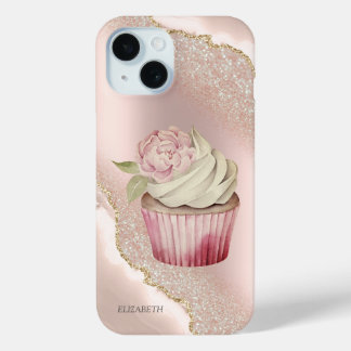 Chic Rose Gold Glitter Marble Cupcake iPhone 15 Case