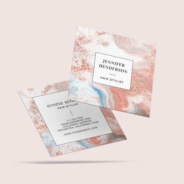 Chic Rose Gold Glitter Marble Sparkle Script Salon Square Business Card (Creator Uploaded)