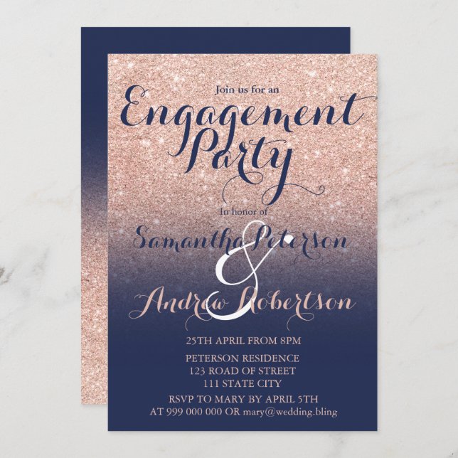 Chic rose gold glitter navy blue engagement party invitation (Front/Back)