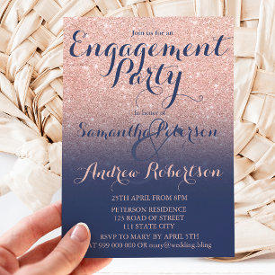 Chic rose gold glitter navy blue engagement party invitation