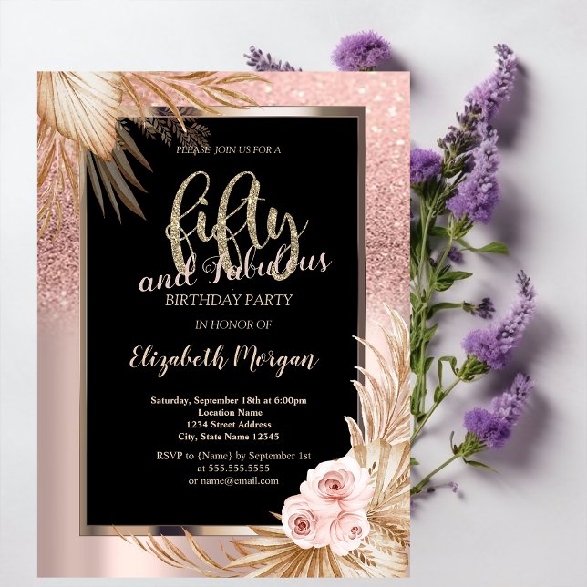 Chic Rose Gold Glitter Pampas Roses 50th Birthday  Invitation (Creator Uploaded)