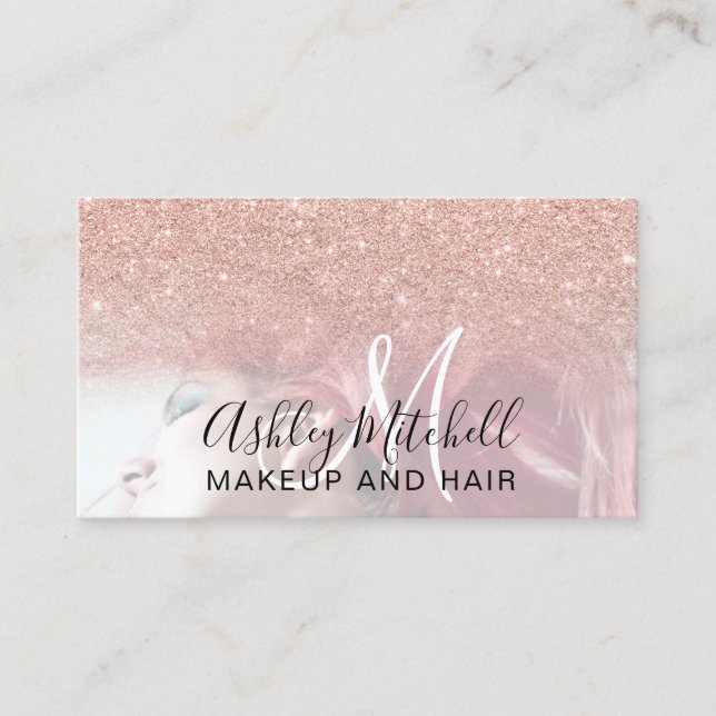 Chic rose gold glitter photo monogram makeup hair business card (Front)