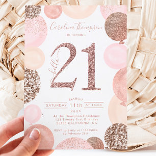 Chic rose gold glitter pink balloon photo 21st invitation