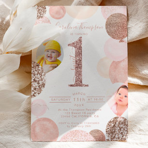 Chic rose gold glitter pink balloon photo first invitation
