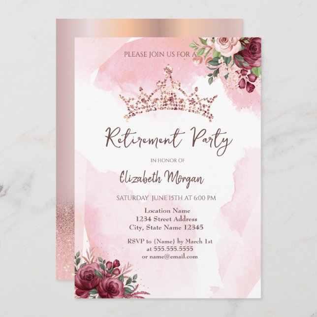 Chic Rose Gold Glitter Roses Crown Retirement Invitation (Front/Back)