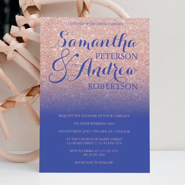 Chic rose gold glitter royal blue wedding invitation (Creator Uploaded)