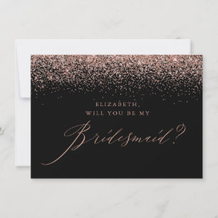 Chic Rose Gold Glitter Script Black Bridesmaid Invitation