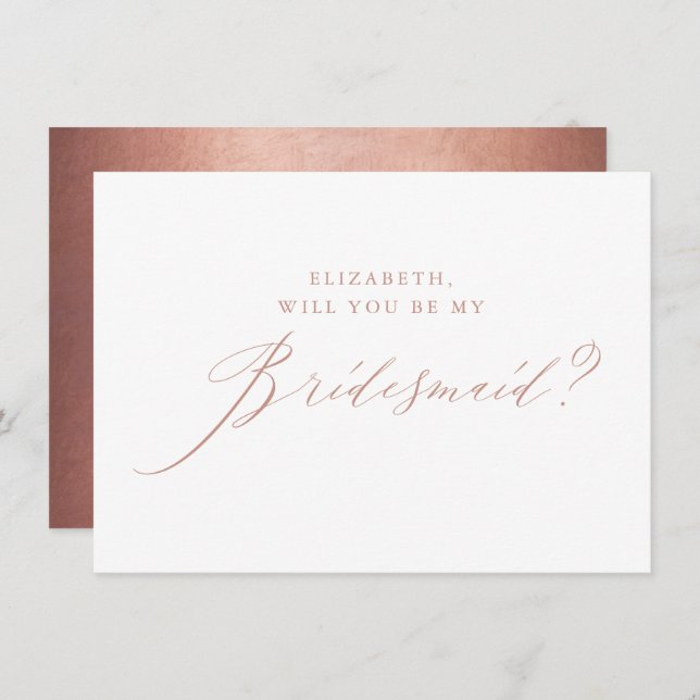 Chic Rose Gold Glitter Script White Bridesmaid Invitation (Front/Back)