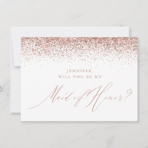 Chic Rose Gold Glitter Script White Maid of Honour Invitation