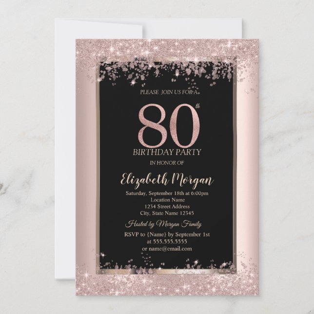 Chic Rose Gold Glitter Sparkles 80th Birthday  Invitation (Front)