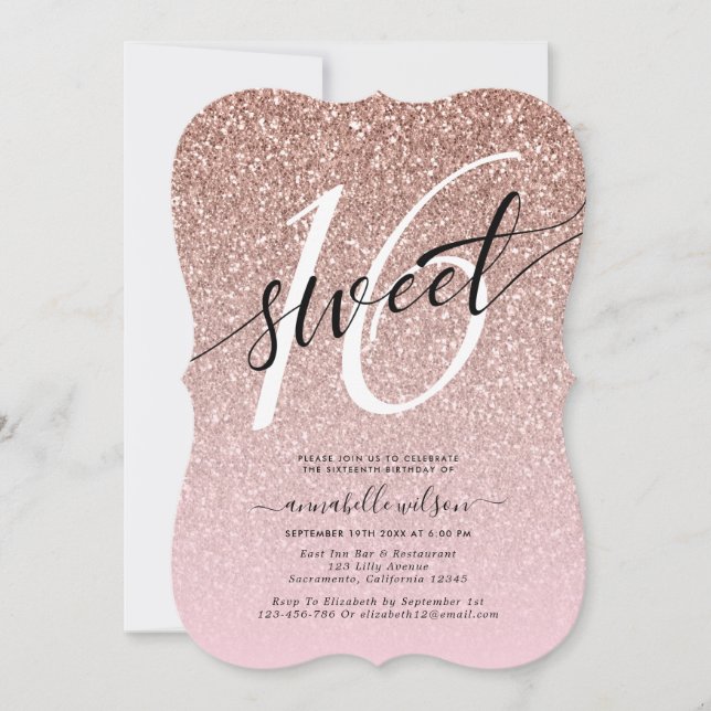 Chic Rose Gold Glitter Sweet 16 Birthday Party Invitation (Front)