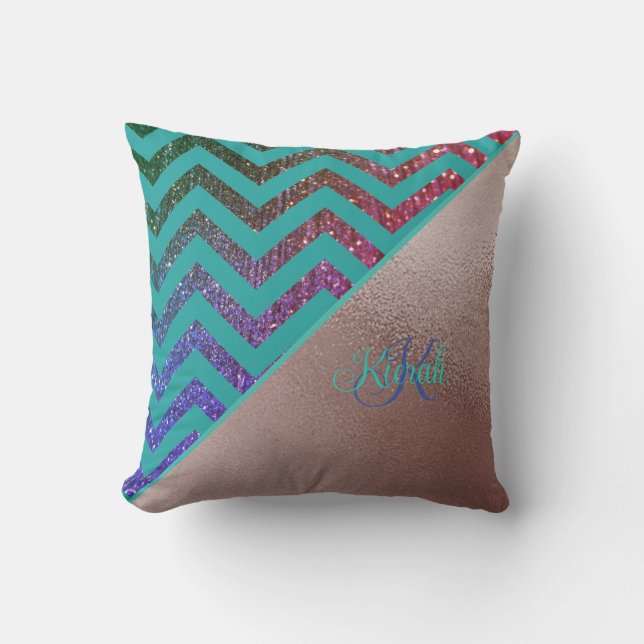 Chic Rose Gold Glittery Chevron Teal Green Name  Cushion (Front)