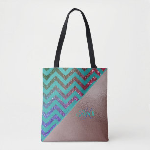 Chic Rose Gold Glittery Chevron Teal Green Name Tote Bag