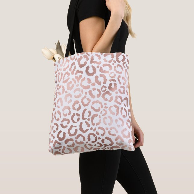 Chic Rose Gold Leopard Cheetah Animal Print Tote Bag (Close Up)