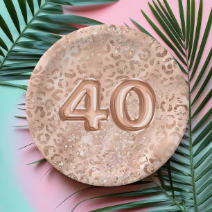 Chic Rose Gold Leopard Print 40th Birthday Paper Plate