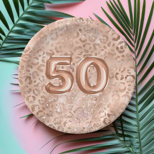 Chic Rose Gold Leopard Print 50th Birthday Paper Plate