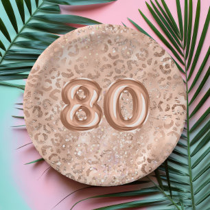 Chic Rose Gold Leopard Print 80th Birthday Paper Plate