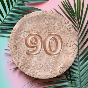 Chic Rose Gold Leopard Print 90th Birthday Paper Plate