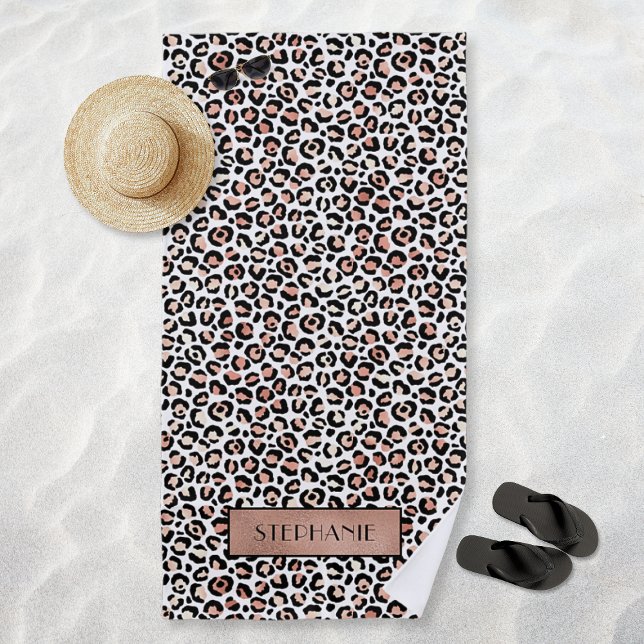 Chic Rose Gold Leopard Print Personalised Beach Towel (Chic Rose Gold Leopard Print Personalized Beach Towel)