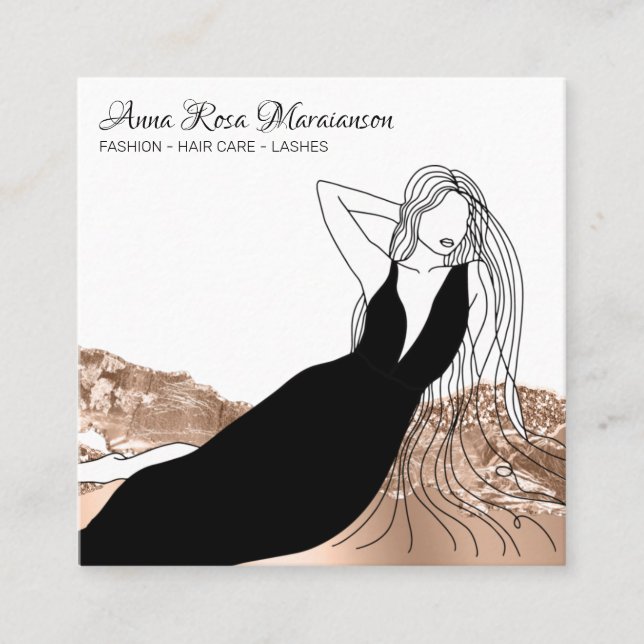 *~* Chic Rose Gold Long Hair Woman Beauty Fashion Square Business Card (Front)