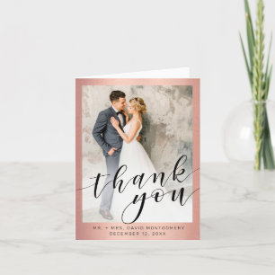 Chic Rose Gold Metallic Black Script Photo Wedding Thank You Card