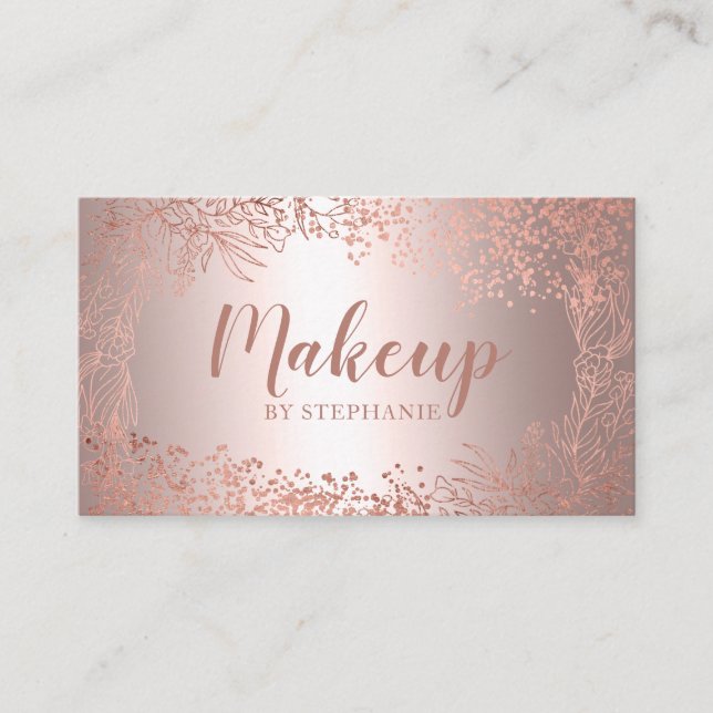 Chic rose gold metallic foil floral makeup script business card (Front)