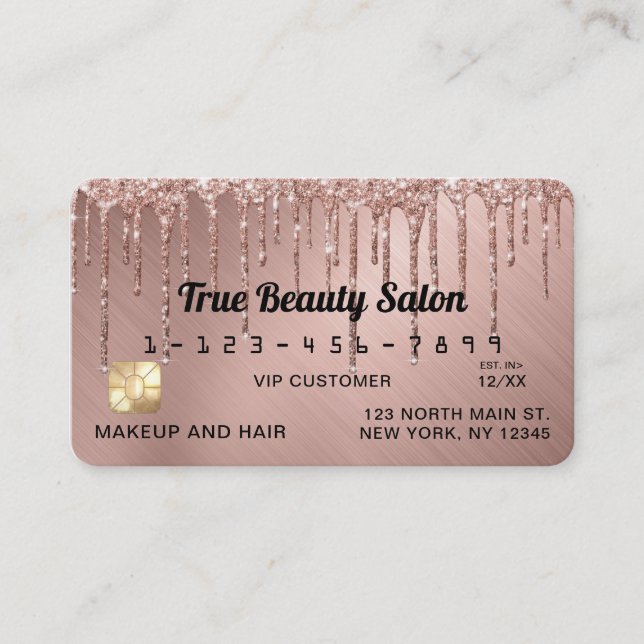 Chic Rose Gold Metallic Glitter Drips Credit Business Card (Front)