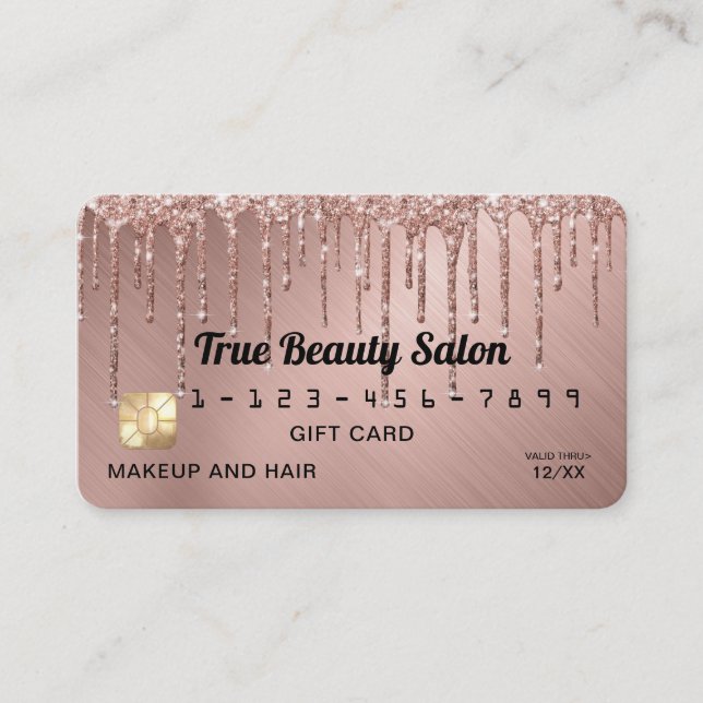 Chic Rose Gold Metallic Glitter Drips Gift Credit Business Card (Front)