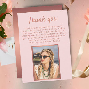 Chic Rose Gold Metallic Photo Birthday  Thank You Card