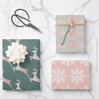 Chic Rose Gold Metallic Pink Script Grey Reindeer Wrapping Paper Sheet