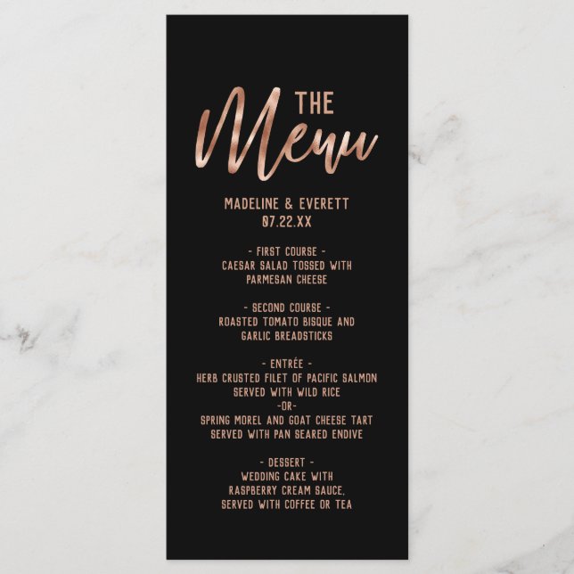 Chic Rose Gold Modern Typography Wedding Menu (Front)