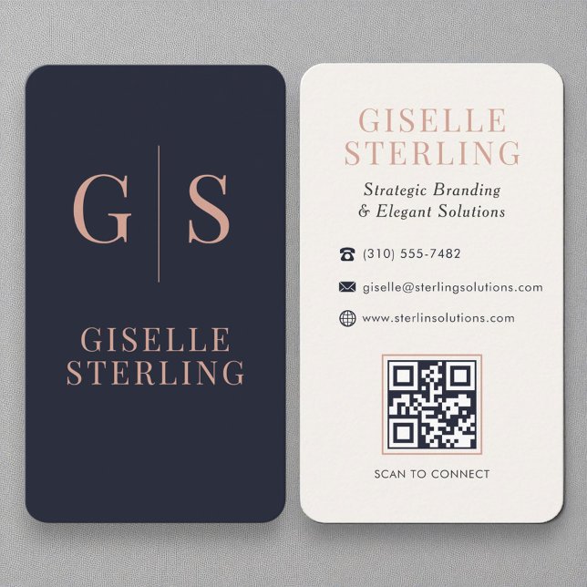Chic Rose Gold Monogram Navy Blue QR Code Business Card (Creator Uploaded)